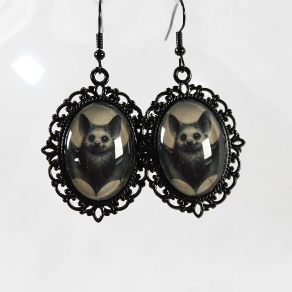 Victorian Gothic Bat Cameo Earrings – Vintage Sepia Bat Jewelry - Picture 2 of 3
